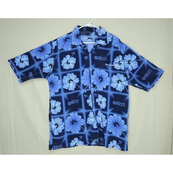 Vintage South Pole Men's Large Hawaiian Shirt Button Up Floral Blue Tropical EUC - Picture 1 of 11